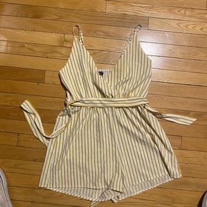 Zaful yellow and white striped romper with sash size large